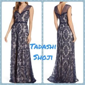 TADASHI SHOJI Embroidered Lace Evening Gown Navy
